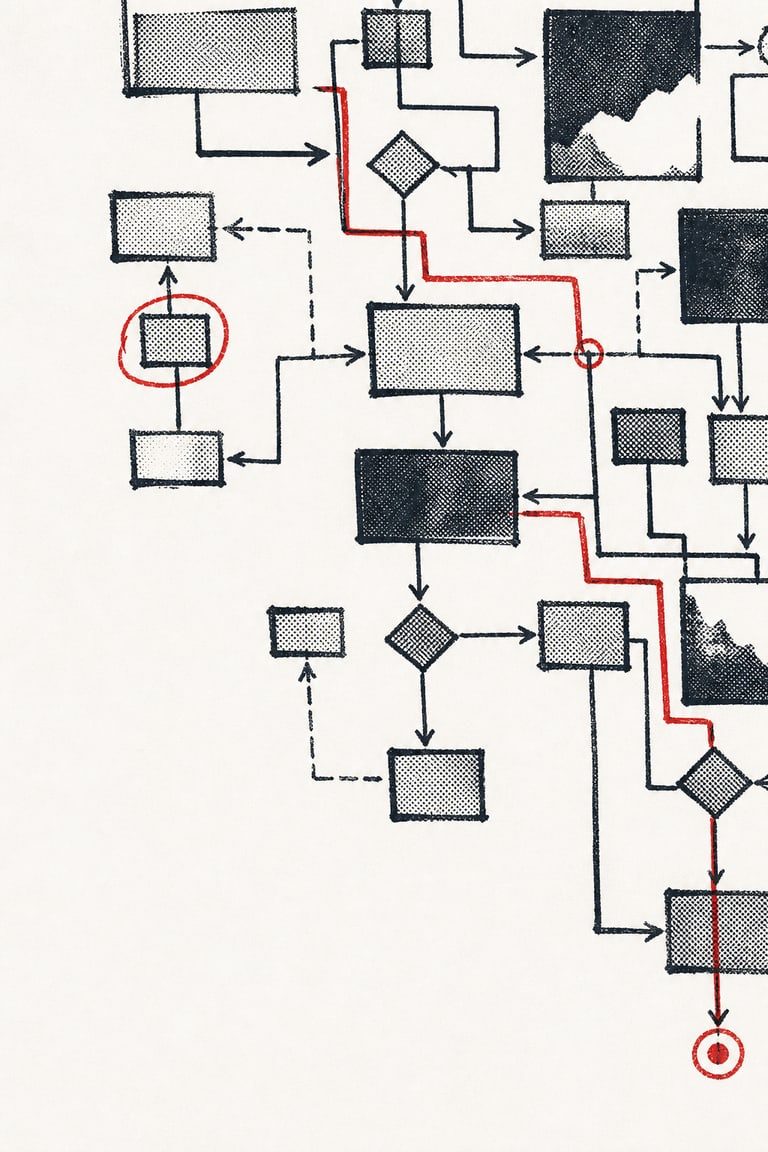 A hand-ruled workflow maze with a Signal Red path to a destination box