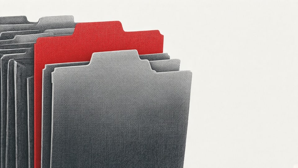 Editorial plate: a thick pack of charcoal content folders runs off the left and bottom of Neutral White paper. One Signal Red folder is pulled up out of the pack.